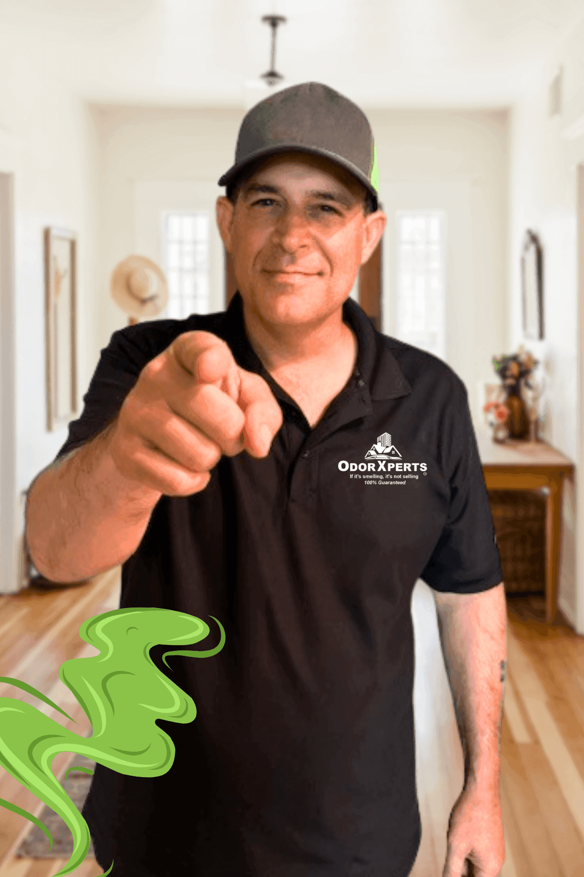 OdorXperts technician pointing at the camera